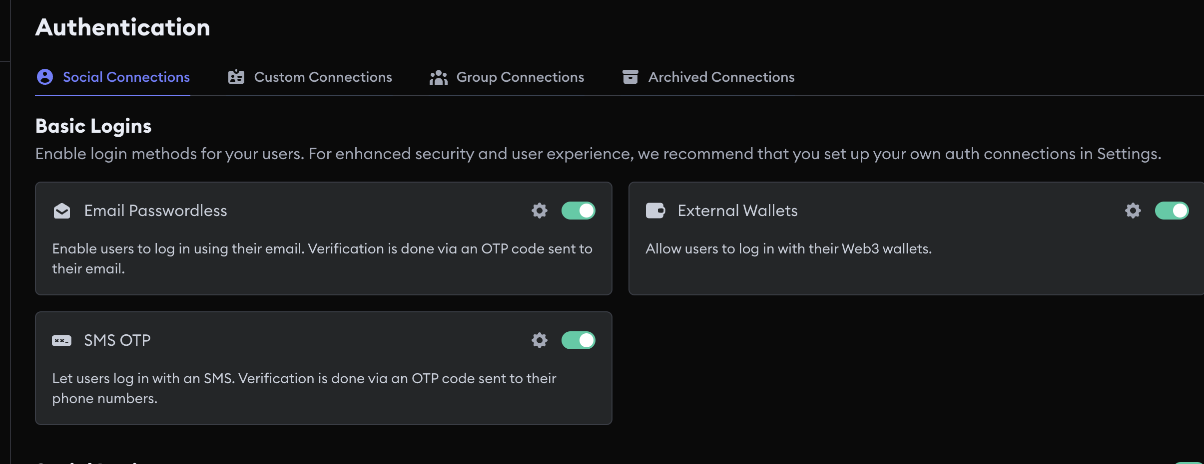 Email Passwordless in the Social Connections settings