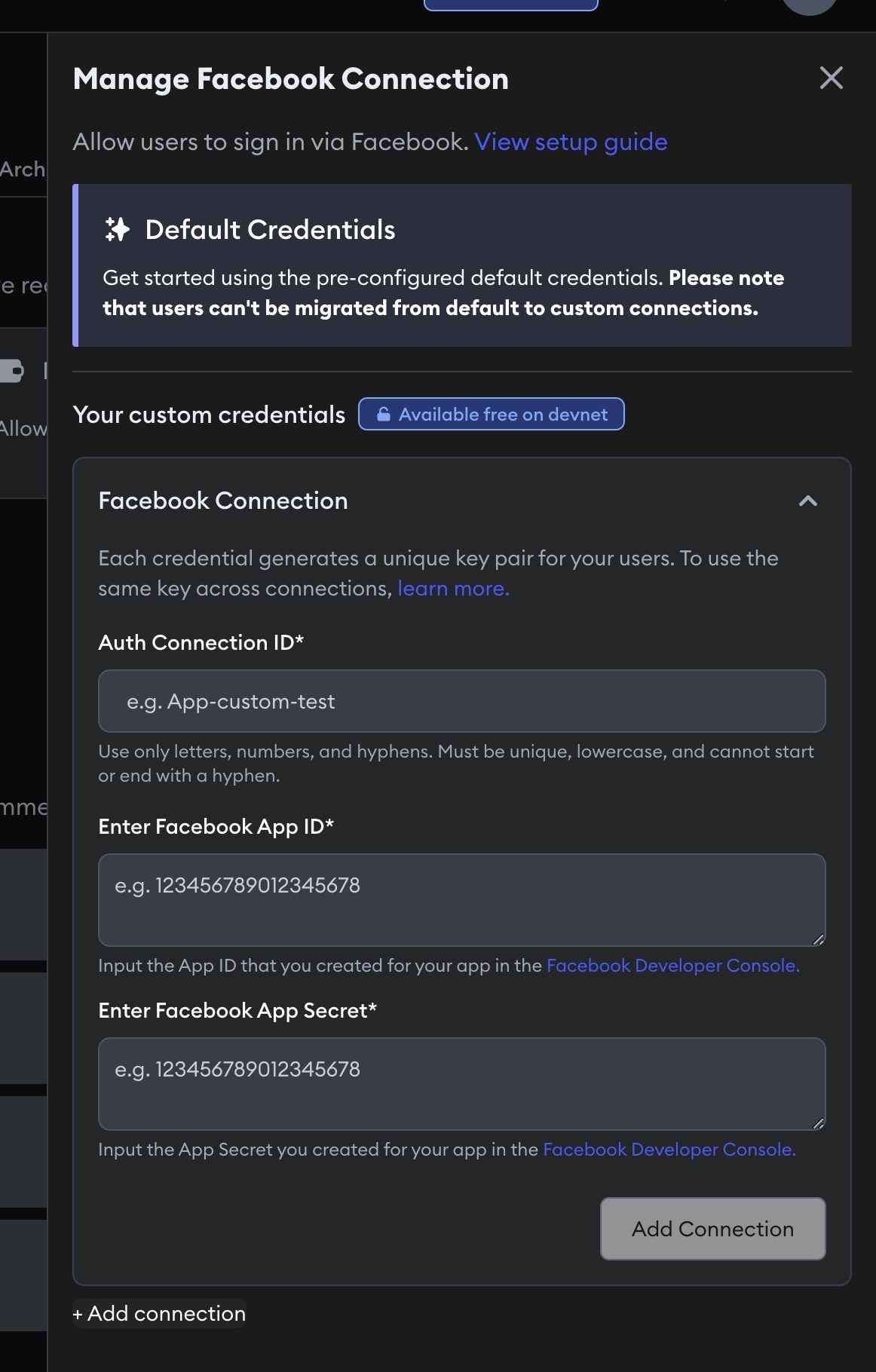Facebook connection settings